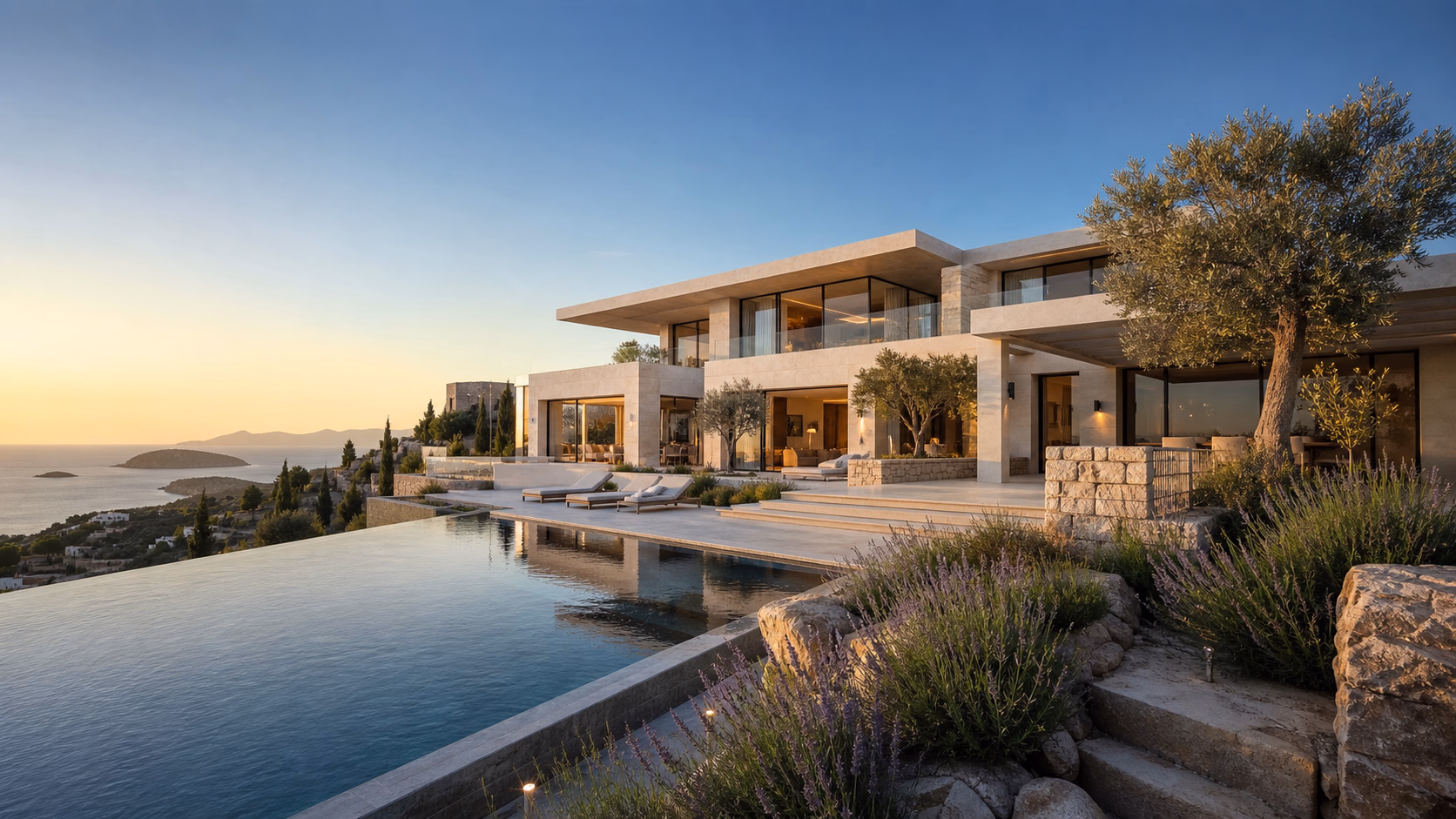 Villa Auralis dış cephe, sonsuzluk havuzu ve Ege Denizi manzarası, Gümüşlük