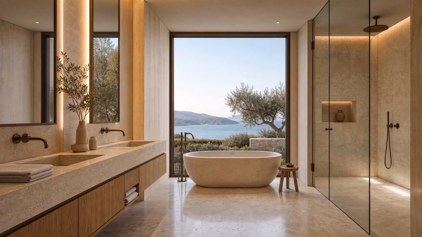 Spa atmosferli ebeveyn banyosu, traverten yüzeyler