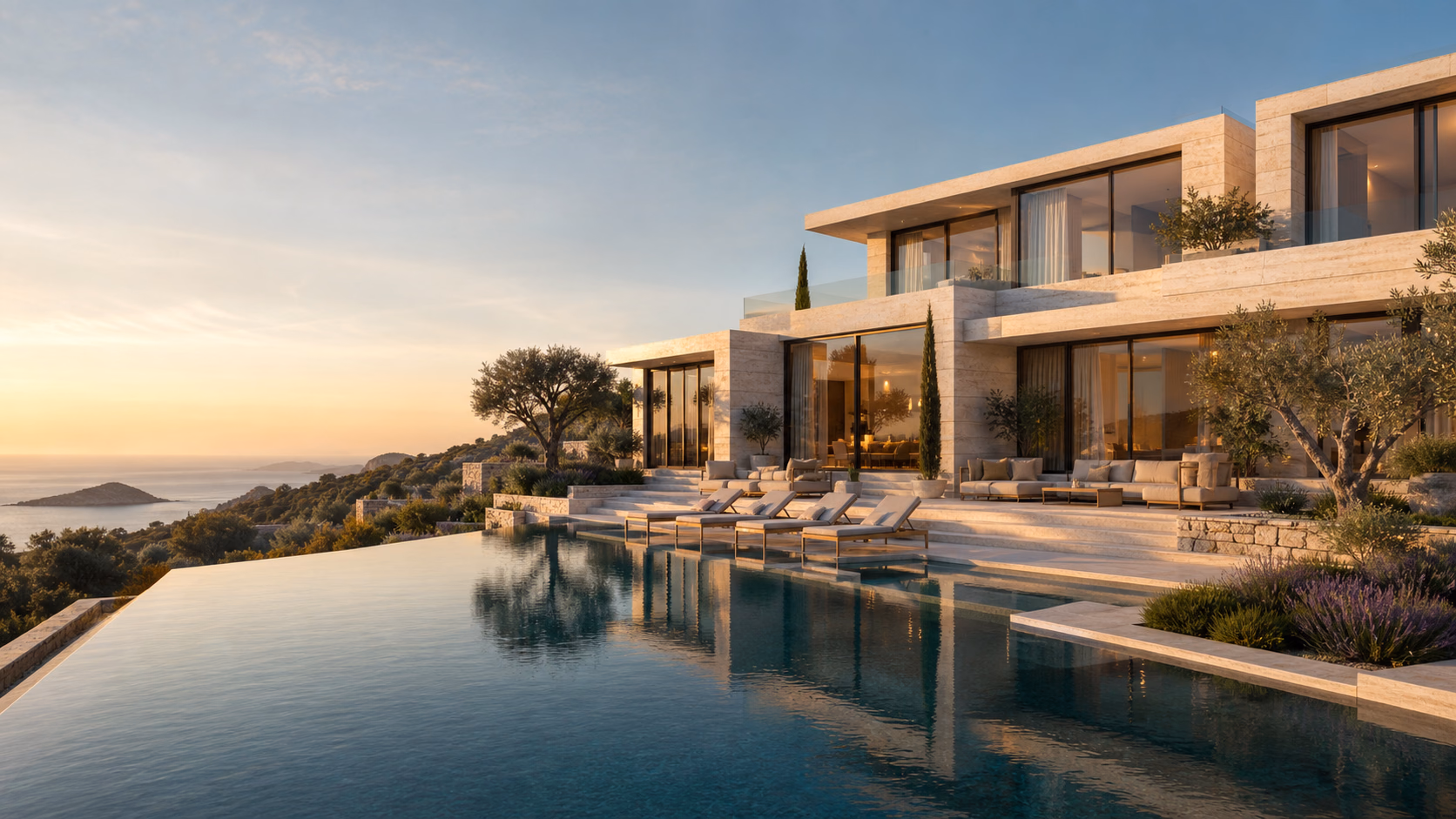 Çağdaş lüks villa — gün batımı, sonsuzluk havuzu ve Ege manzarası