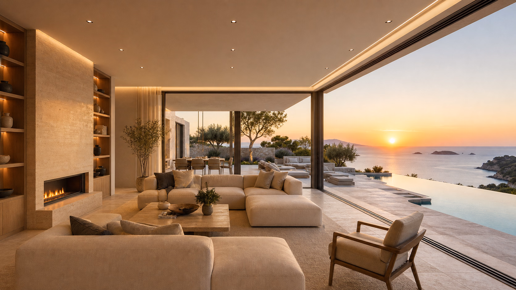 Lüks villa salonu — gün batımı saatinde panoramik deniz manzarası