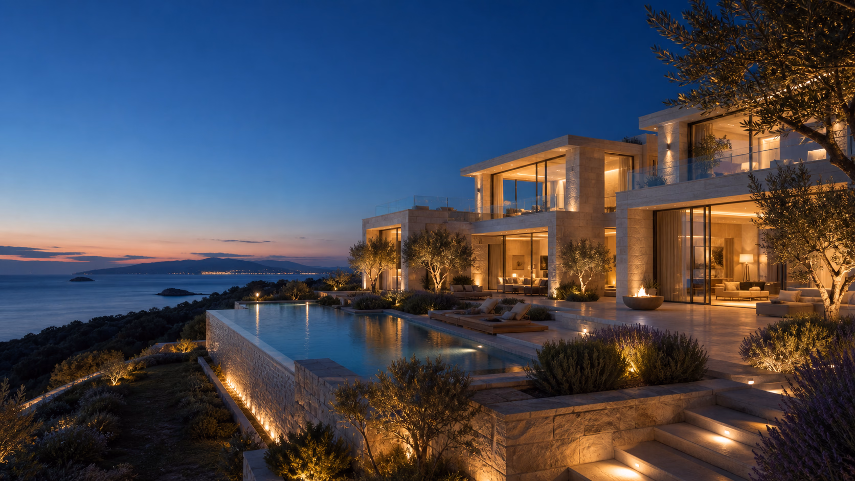 Lüks villa — mavi saat, aydınlatılmış havuz ve sıcak iç ışık