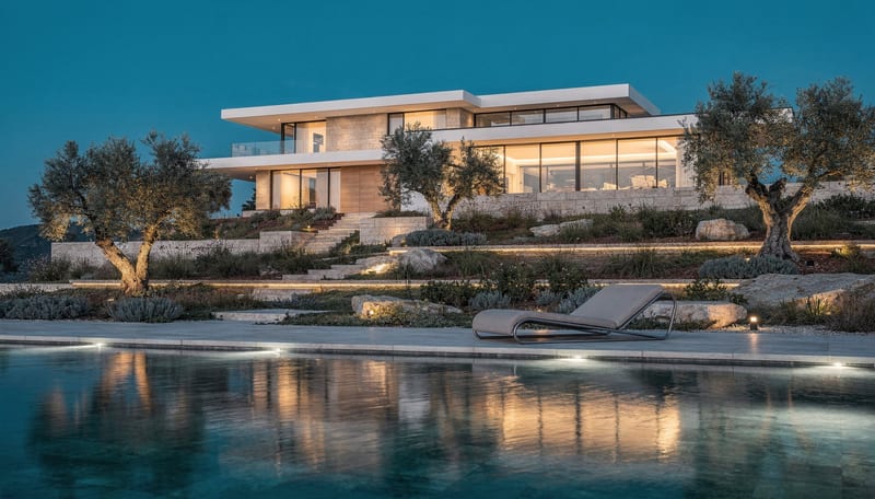 Lüks villa — mavi saatte amber iç ışıklar ve sonsuz havuz