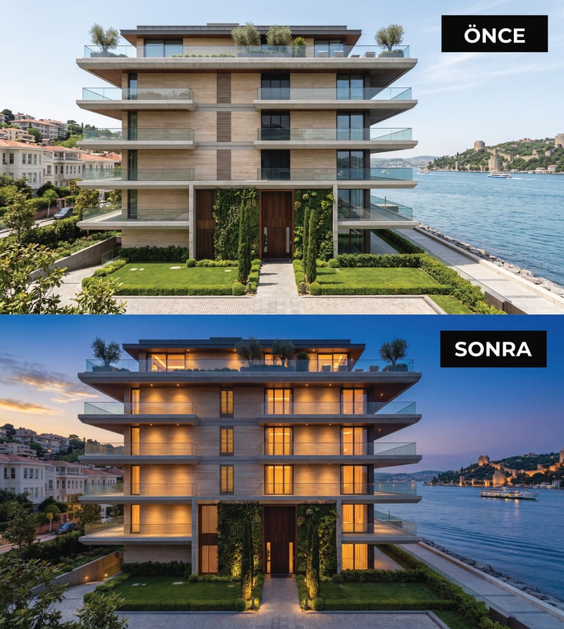 Bebek Penthouse — gündüz hâli (önce) ve mavi saatte amber iç ışıklarla (sonra) — stüdyo dönüşüm karesi