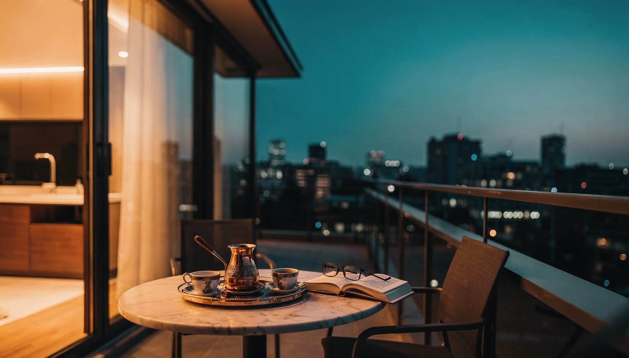Airbnb konut yatırımı — anahtar, mavi-saat balkon, telefon kompozisyonu