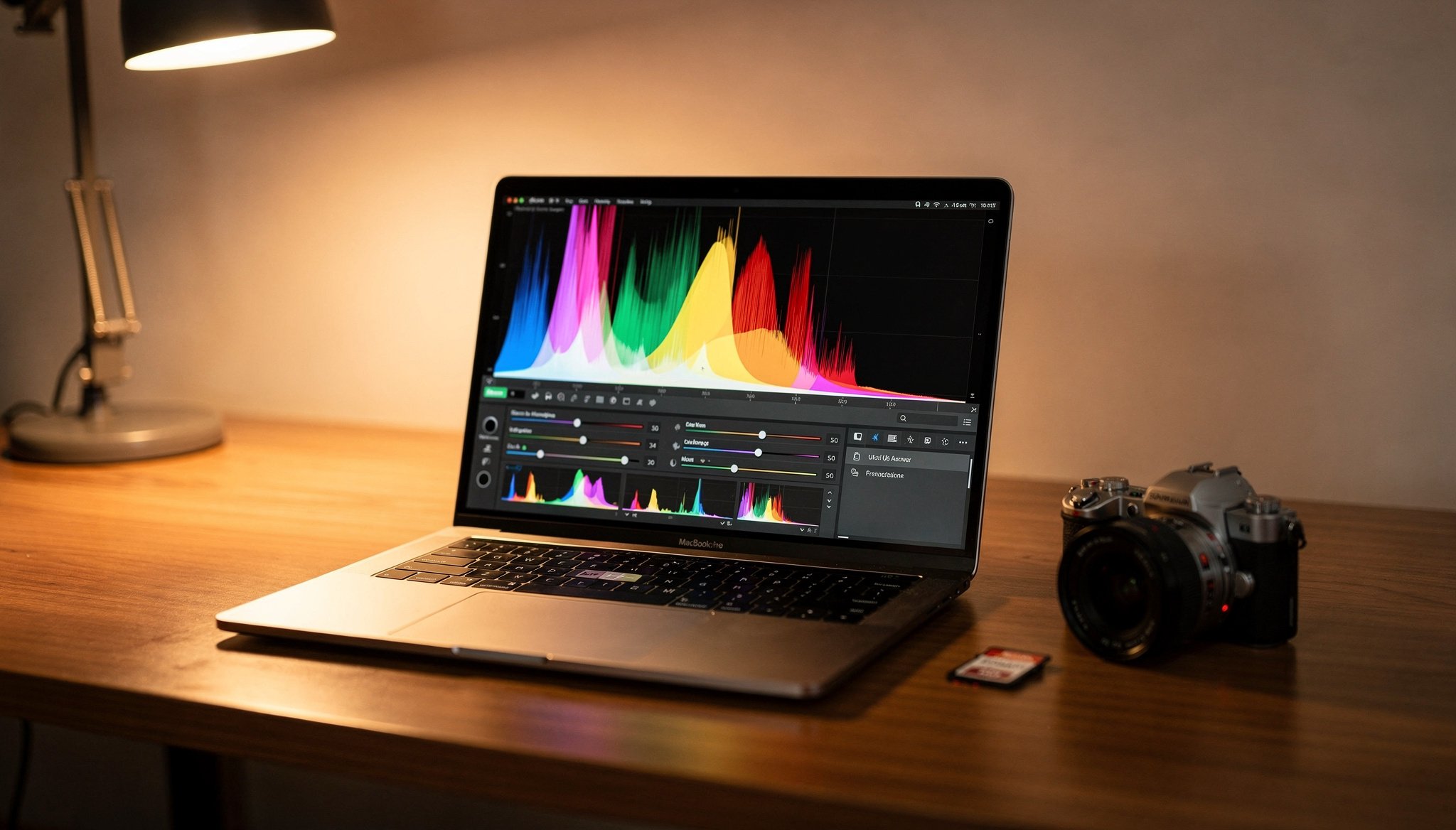 Lightroom düzenleme — bilgisayar ekranı, kamera, ayarlar kompozisyonu
