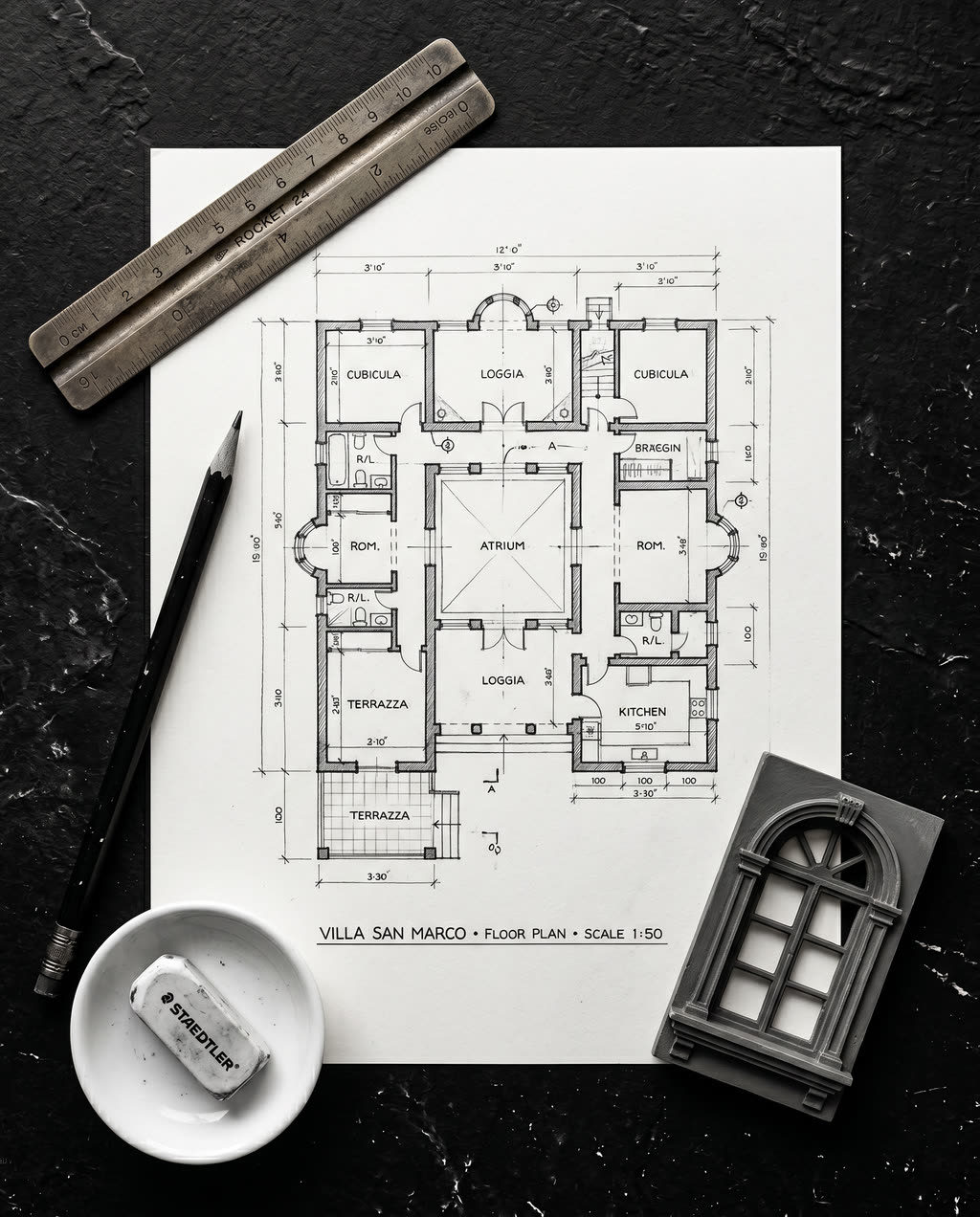 Mimar masası — drafting paper, brass ruler, pencil